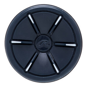 Top-down view of a black softball bat end cap with a circular segmented design, white accents, and a central Rawlings logo.