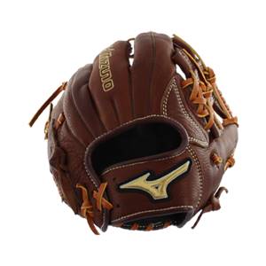 Front view of a brown baseball glove with Mizuno text and a gold logo.