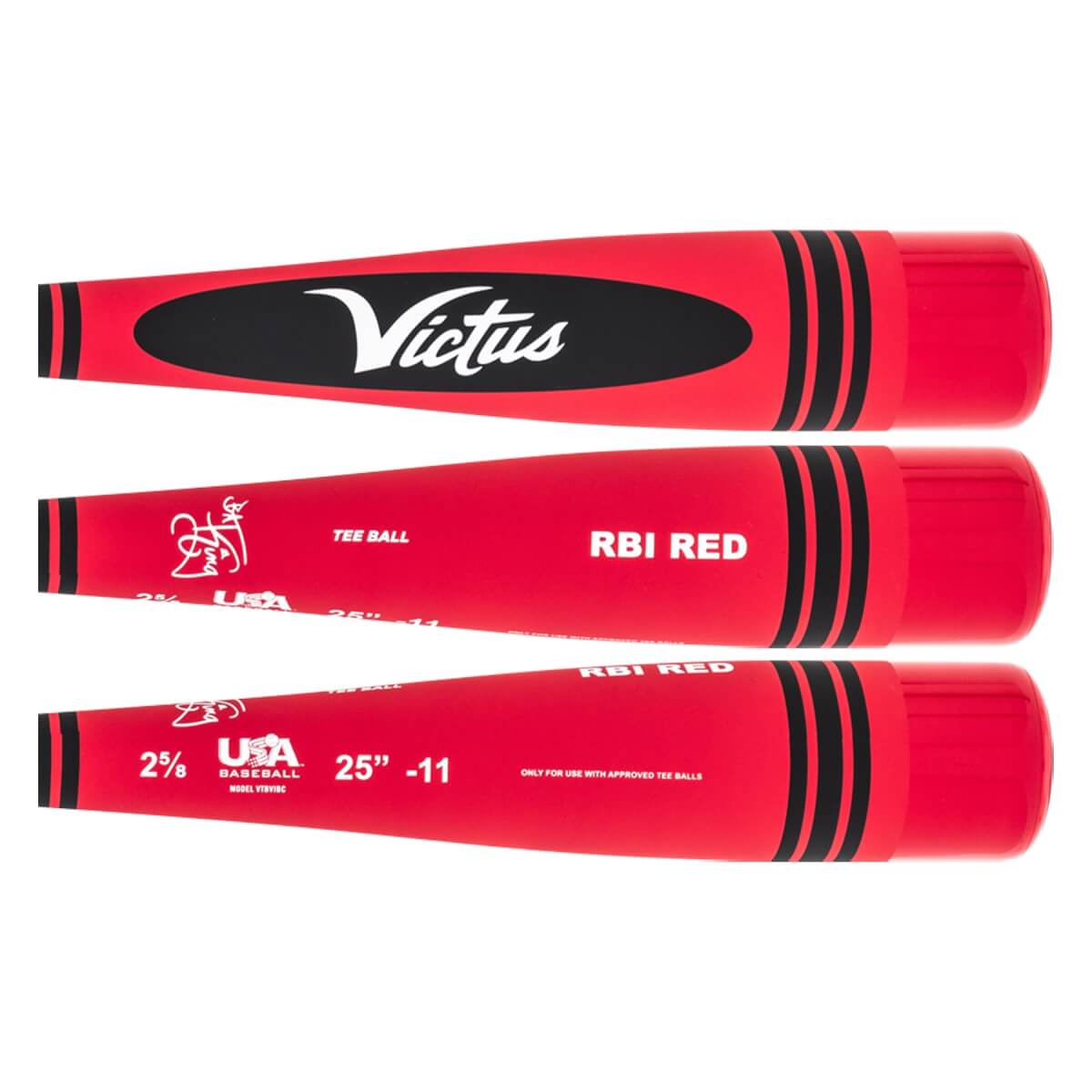 Top-down view of red baseball bats with black accents, Victus branding, and RBI RED text.