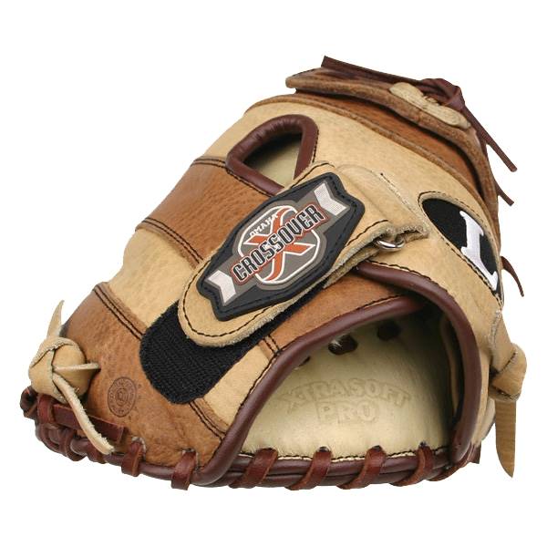 Front view of a tan and brown baseball glove with Omaha Crossover logo and XTRASOFT PRO text.