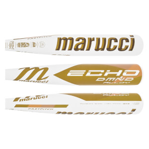 Detailed view of a white and gold fastpitch softball bat with Marucci, ECHO DMND ALLOY, and FASTPITCH text.