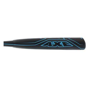 Side view of a black AXE baseball bat with blue geometric accents and AXE logo.