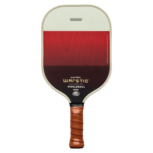 Front view of a white and red pickleball paddle with Warstic branding and a brown grip.