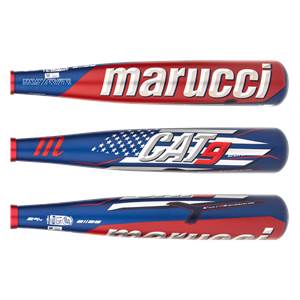 Side view of three red, white, and blue baseball bats with marucci and CAT9 branding.