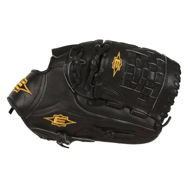 Side view of a black baseball glove with gold Easton logos and a woven pocket.