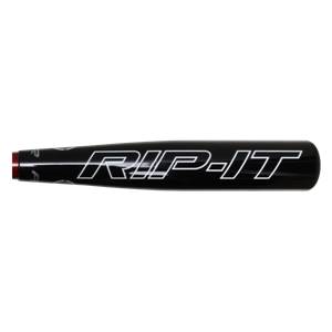 Side view of a black baseball bat with white RIP-IT branding and a red end cap.