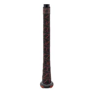 Close-up of a black baseball bat grip with red geometric patterns and a black end cap.