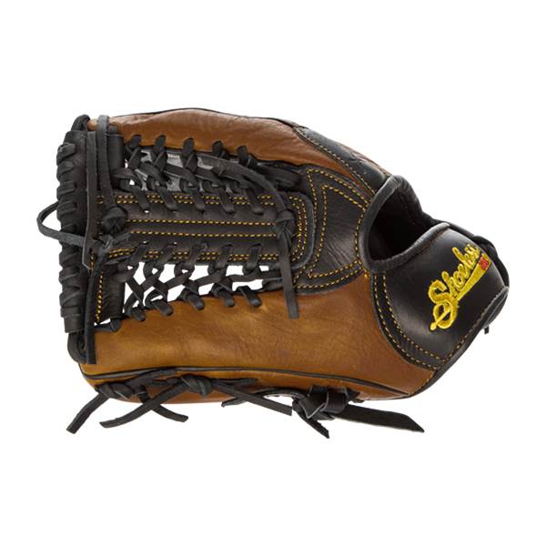 Side view of a brown and black baseball glove with yellow stitching and Shoeless logo.