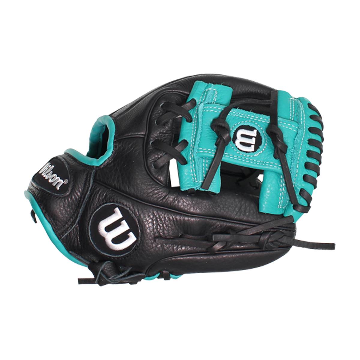 Side view of a black baseball glove with teal accents, Wilson branding, and a webbed palm.