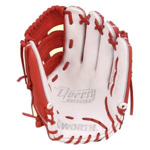 Front view of a red and white baseball glove with Liberty Advanced and WORTH. text.