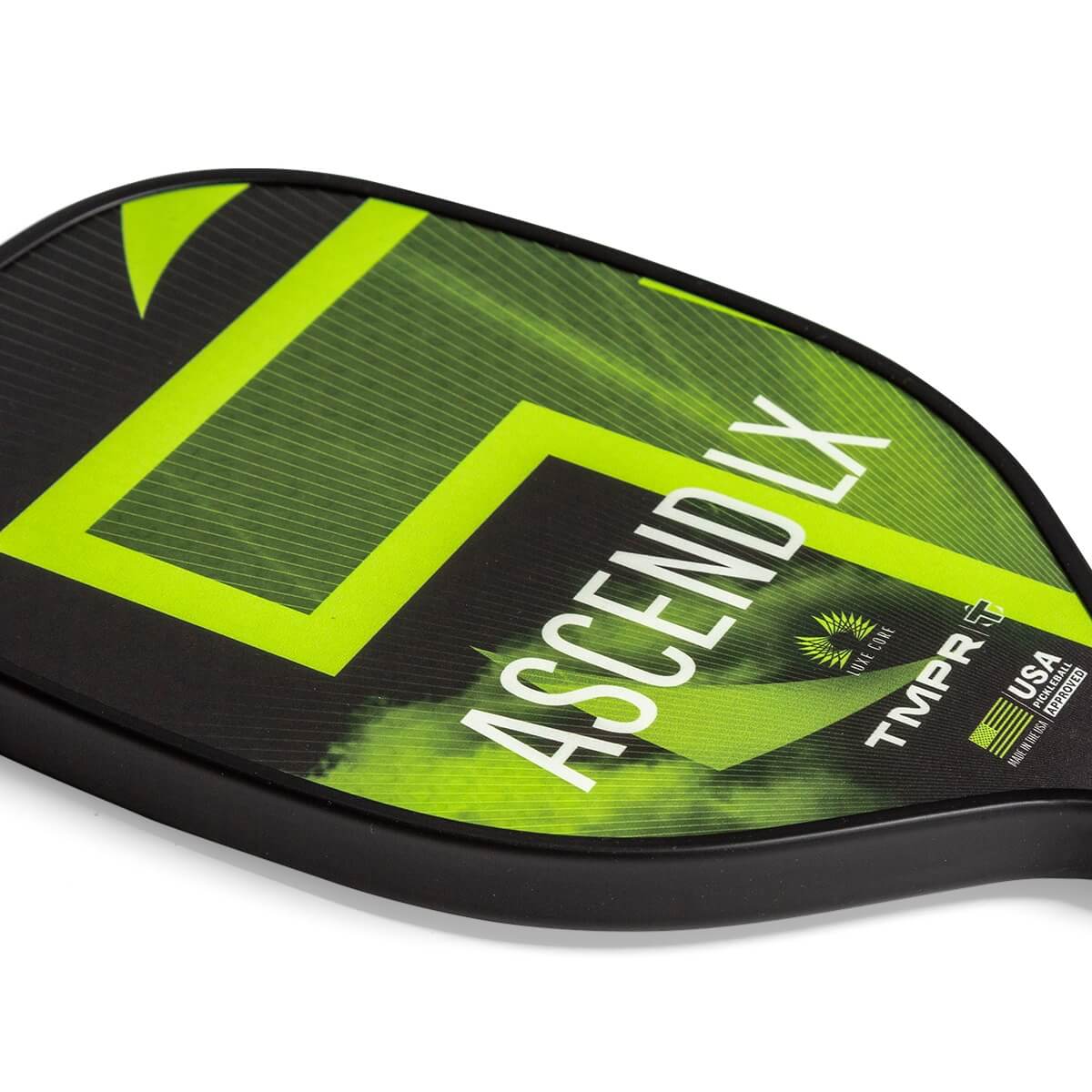 Close-up of a black pickleball paddle with green Ascend LX branding and a USA Pickleball approved logo.