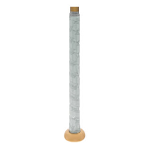 Close-up of a white bat grip with repeating Marucci branding and a tan knob.