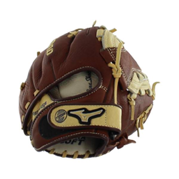 Front view of a brown fastpitch glove with tan lacing and a Mizuno logo.