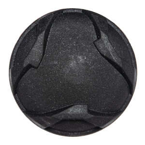 Top-down view of a black baseball bat end cap with a three-pronged, textured design.
