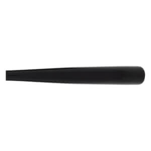 Side view of a black baseball bat with a glossy finish and a rounded barrel end.