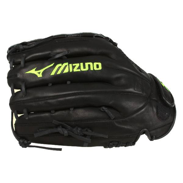 Side view of a black baseball glove with a neon yellow Mizuno logo and black lacing.