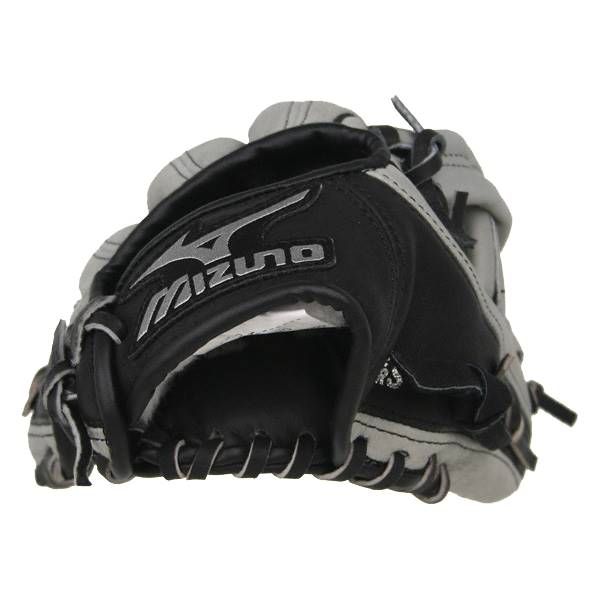 Corner view of a black and gray youth baseball glove with Mizuno branding and white lacing.