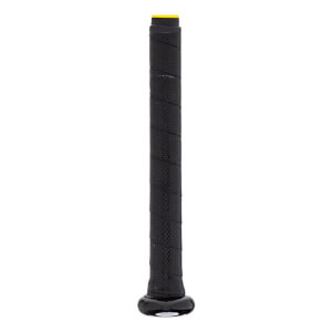 Close-up of a black baseball bat grip with yellow accents and a textured surface.