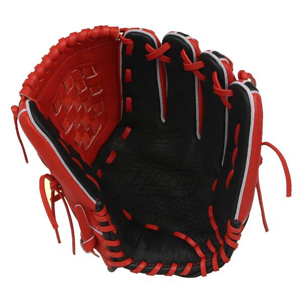 Interior view of a red and black baseball glove with white trim and red stitching.