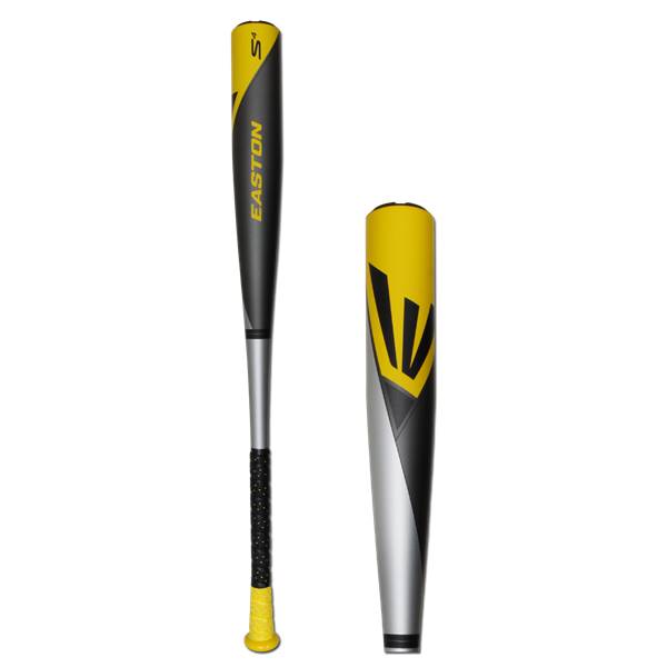 Side view of a black and yellow baseball bat with EASTON text and a yellow grip.