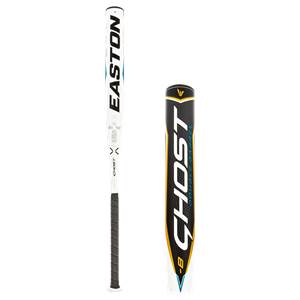 Side view of a white Easton Ghost Double Barrel softball bat with black grip and yellow/blue accents.