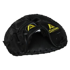 Front view of a black baseball glove with yellow Akadema branding and a deep pocket.