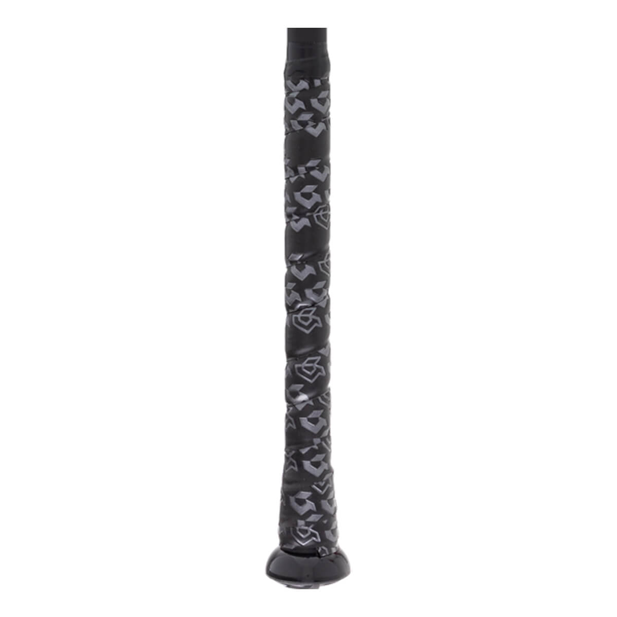 Close-up of a black baseball bat grip with a repeating pattern and a black end cap.