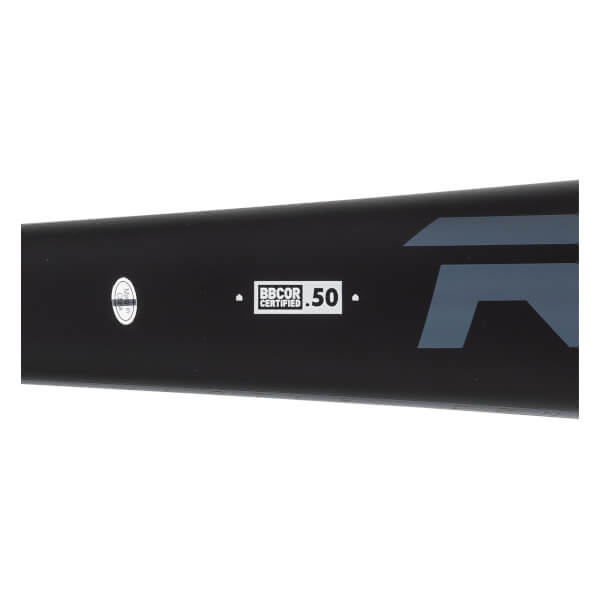 Side view of a black baseball bat with BBCOR CERTIFIED .50 text and a gray logo.
