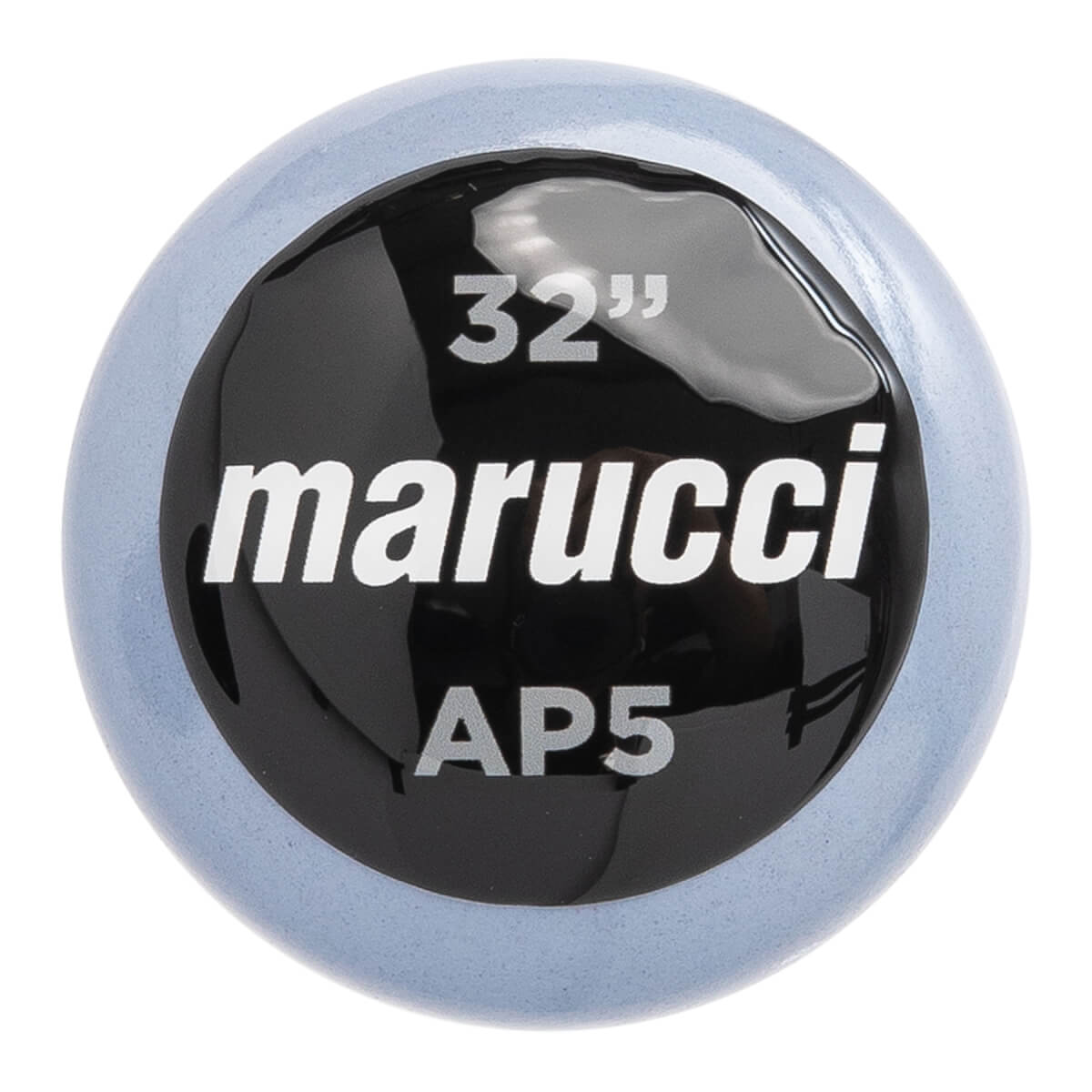 End view of a light blue baseball bat with black cap showing 32, marucci, and AP5.