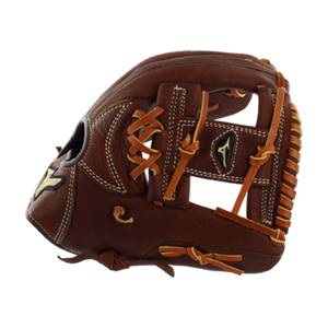 Side view of a brown baseball glove with tan lacing and a Mizuno logo.