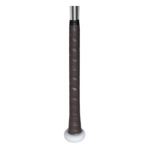 Close-up of a brown baseball bat grip with a white end cap and textured silver barrel.