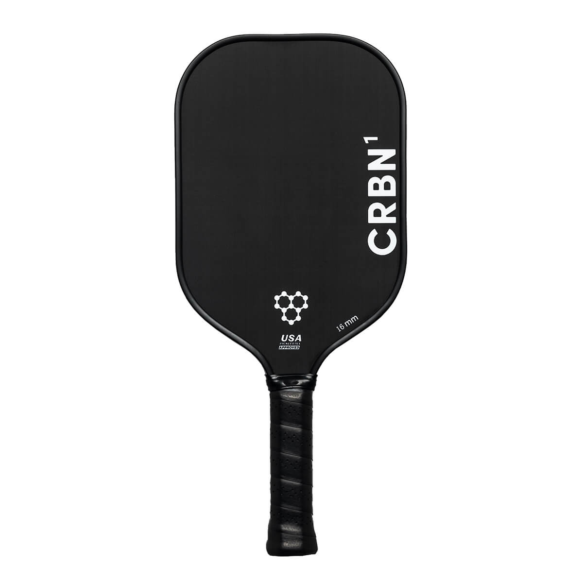 Front view of a black pickleball paddle with CRBN¹ branding, a honeycomb logo, and 16 mm text.