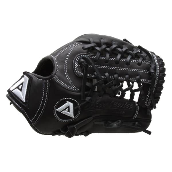 Side view of a black baseball glove with white stitching and two A logos.