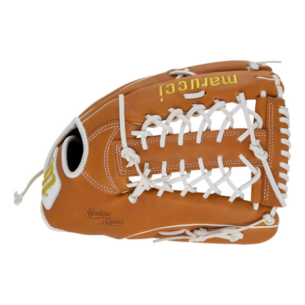 Side view of a tan leather baseball glove with white laces, featuring gold Marucci and Oxbow Series branding.