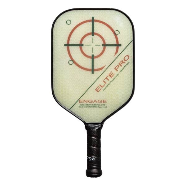 Front view of a cream pickleball paddle with a target design, ELITE PRO text, and a black grip.