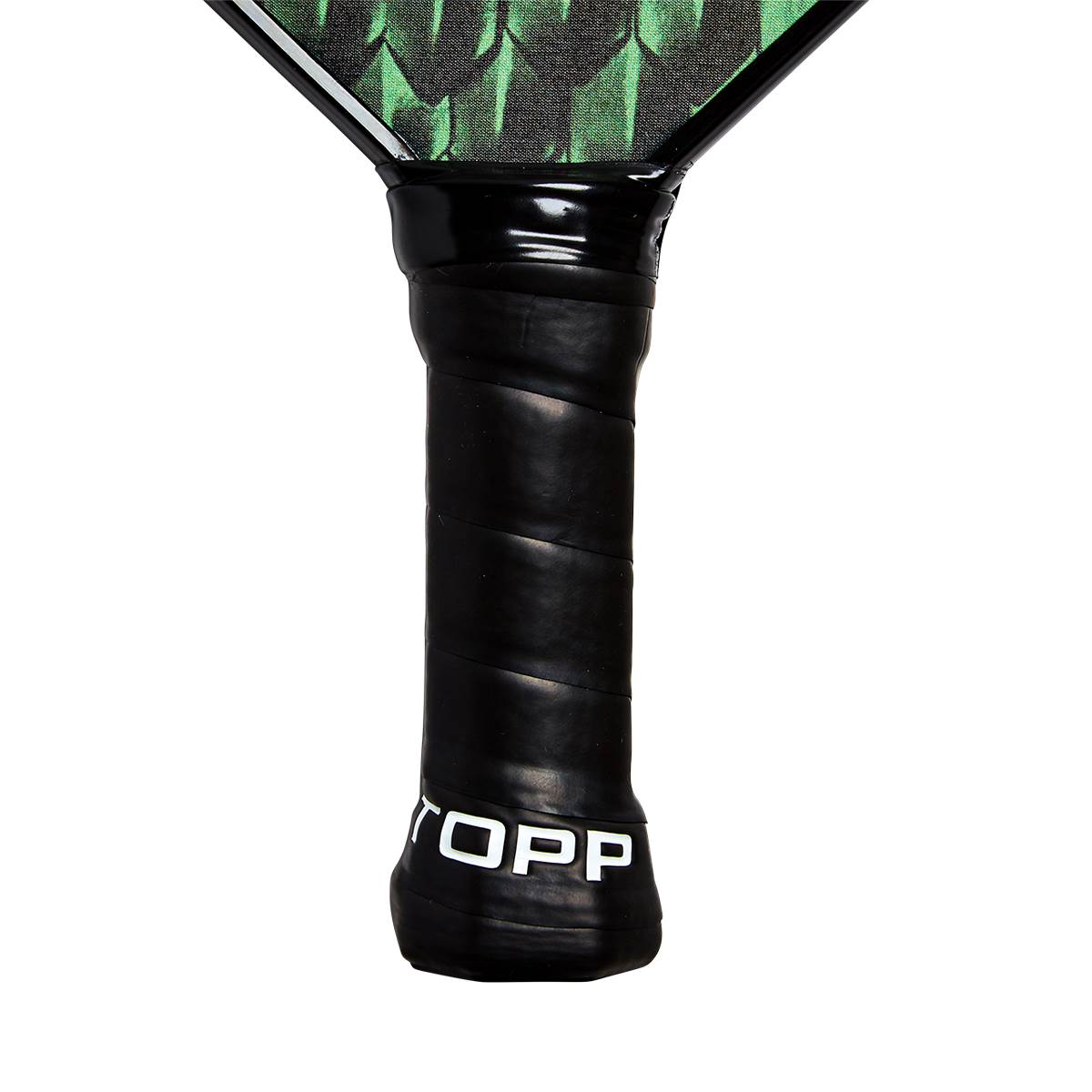 Bottom view of a black pickleball paddle grip with white TOPP branding.