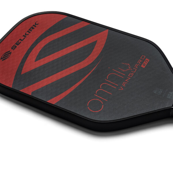 Top-down view of a black pickleball paddle with red Selkirk logo and omni VANGUARD 2.0 text.