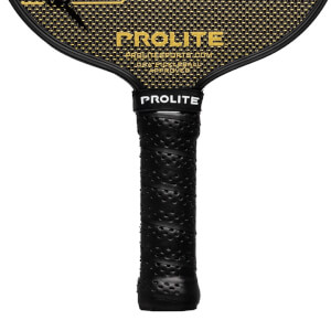 Close-up of a black pickleball paddle grip with a textured, perforated surface and PROLITE branding.
