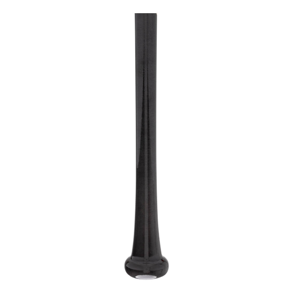 Side view of a black baseball bat with a flared knob and tapered barrel.