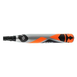 Side view of a silver and orange baseball bat with a black DeMarini logo and black end cap.