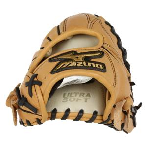 Top-down view of a tan baseball glove with black lacing and a gold Mizuno logo.