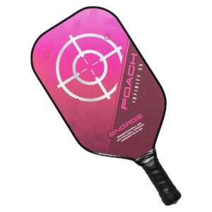 Top-down view of a pink pickleball paddle with a target design and POACH INFINITY SX text.