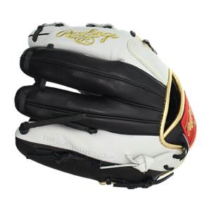 Front view of a white and black baseball glove with gold Rawlings branding and THE GOLD GLOVE CO. text.