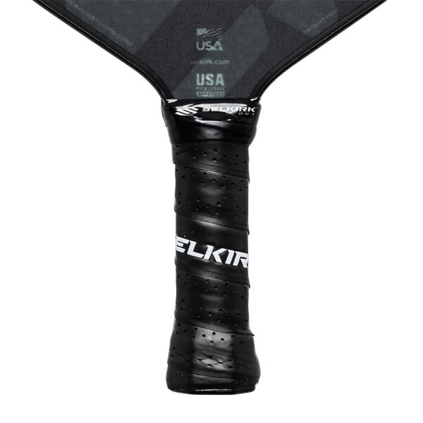 Close-up of a black pickleball paddle grip with perforated texture and white ELKIR branding.