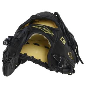 Front view of a black baseball glove with gold GLOVESMITHElite branding and a diamond logo.