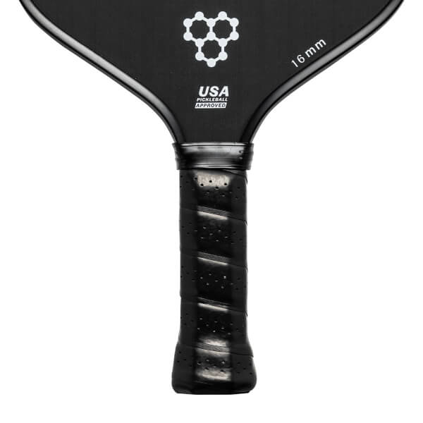 Top-down view of a black pickleball paddle with a white honeycomb logo, USA PICKLEBALL APPROVED text, and 16 mm marking.