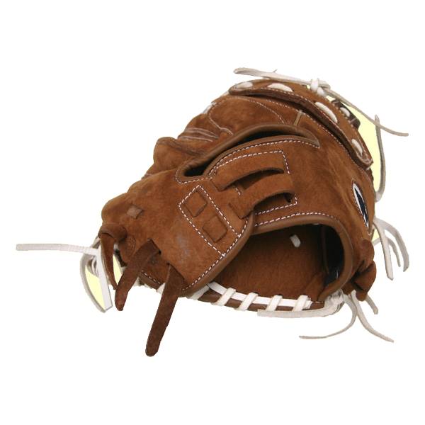 Side view of a brown catchers mitt with white lacing and stitched finger stalls.