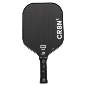 Front view of a black pickleball paddle with CRBN² branding, a honeycomb logo, and 13 mm text.