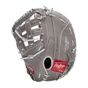 Front view of a gray Rawlings R9 fastpitch softball mitt with white lacing and a red Rawlings logo patch.