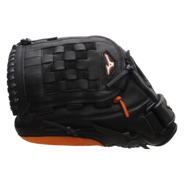 Side view of a black baseball glove with orange accents and a woven web pattern.